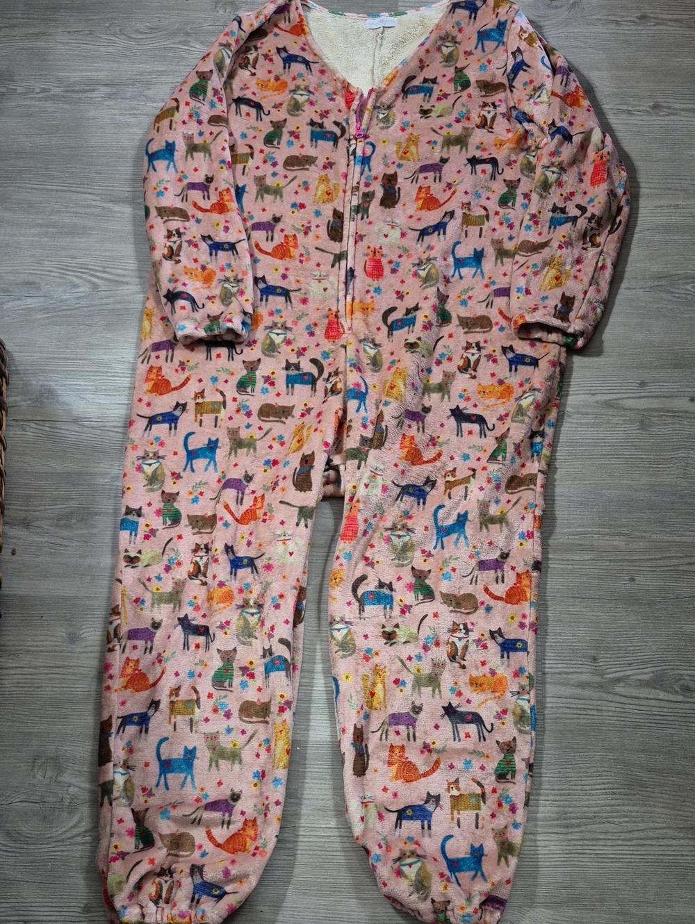 Natural Life Pink Cat Print Zip-Front Onesie Fleece Pajamas. Size XL